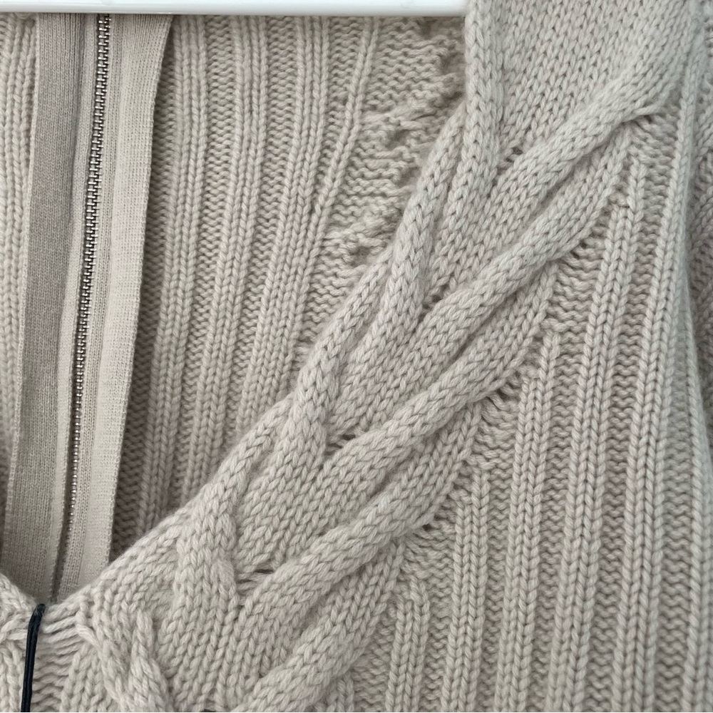 SOLD NAADAM Wool-Cashmere Open-Back Cable Quarter-Zip Taupe Linen Sweater NEW - Picture 9 of 10